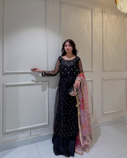Black Net Embroidered Kurta Set