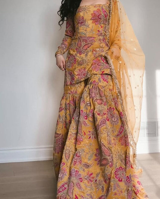 Anaya Mustard Yellow Silk Blend Embroidered Sharara Set