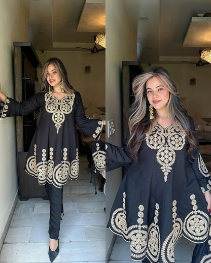 Black & Gold Floral Embroidered Tunic
