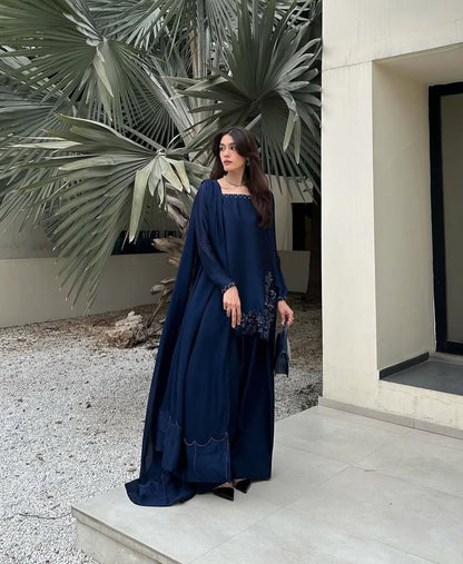 Dark Blue Silk Dupatta Set