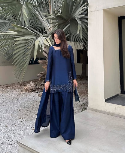 Dark Blue Silk Dupatta Set
