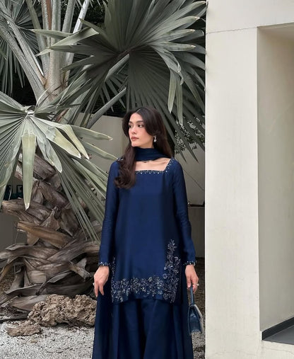 Dark Blue Silk Dupatta Set