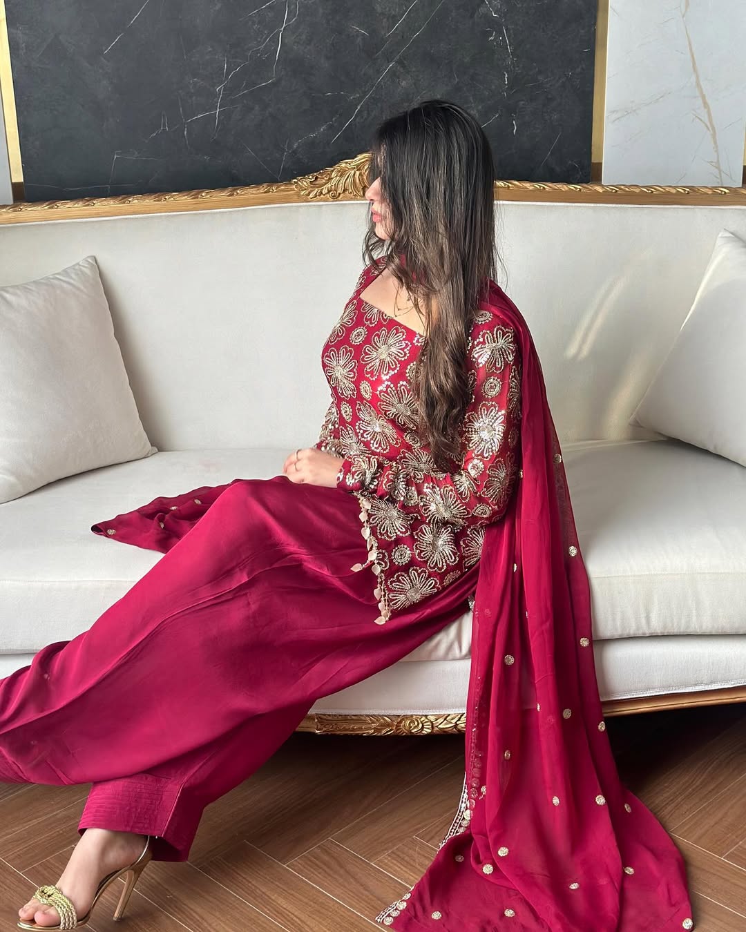 Maroon Velvet Kurta Set