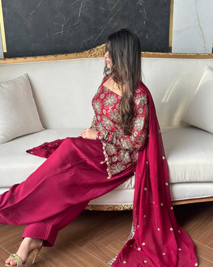 Maroon Velvet Kurta Set