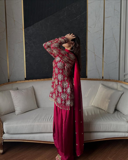 Maroon Velvet Kurta Set