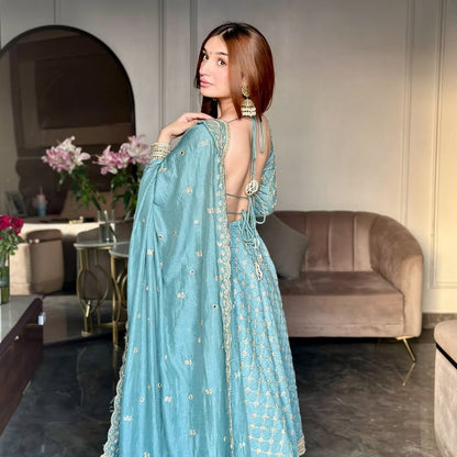 Aqua Blue Embellished Anarkali with Heavy Thread Work