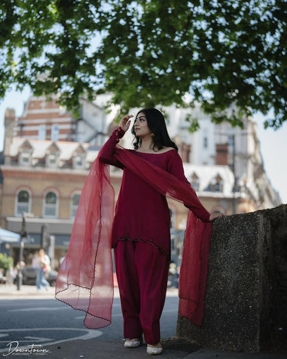 Red Silk Embroidered Kurta Set