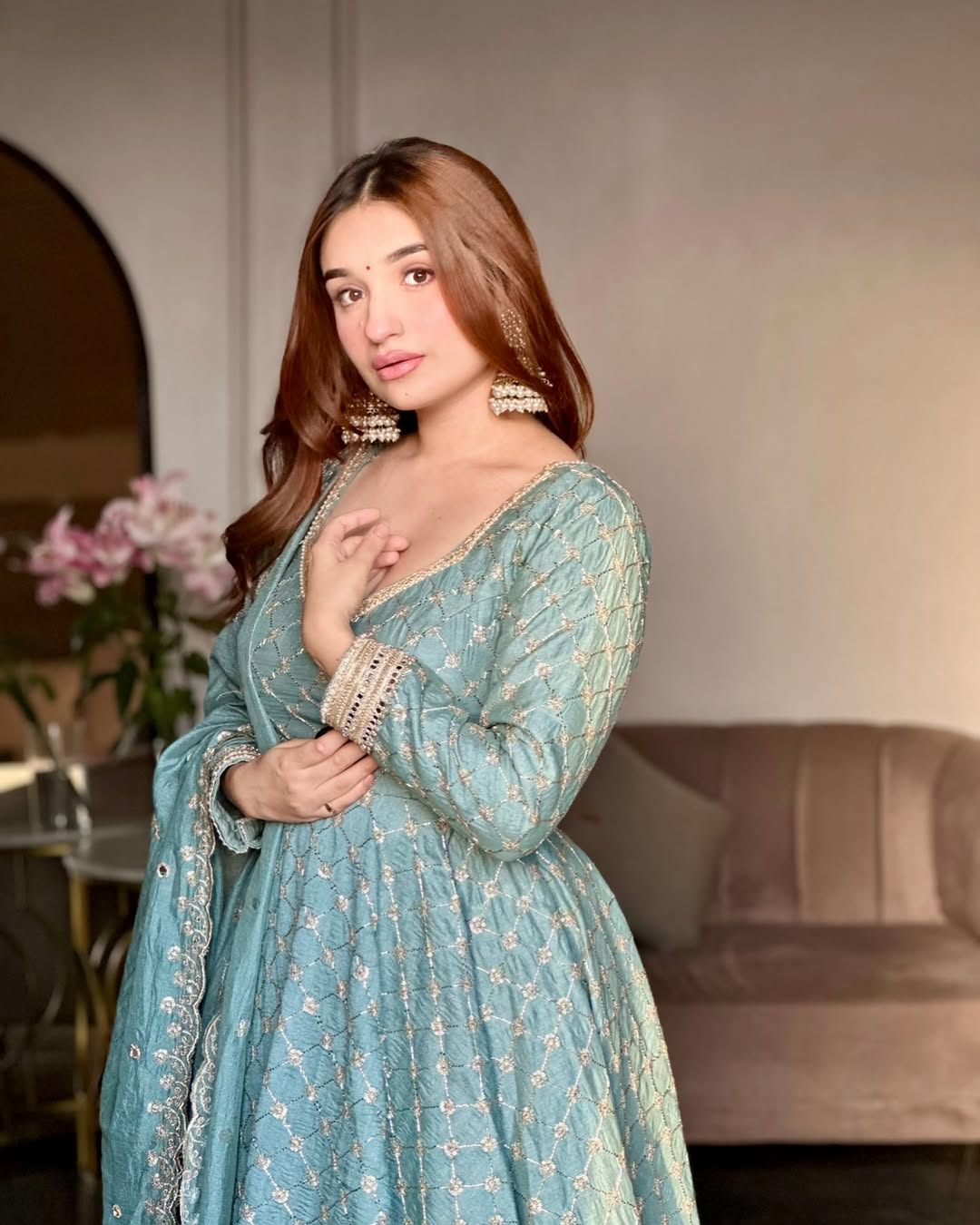 Aqua Blue Embellished Anarkali with Heavy Thread Work