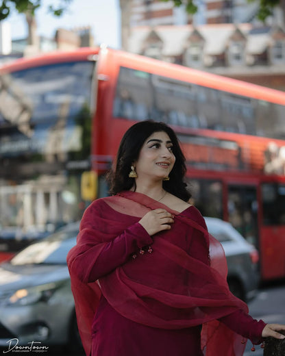 Red Silk Embroidered Kurta Set