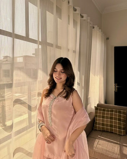 Peach Silk Floral Kurta Set