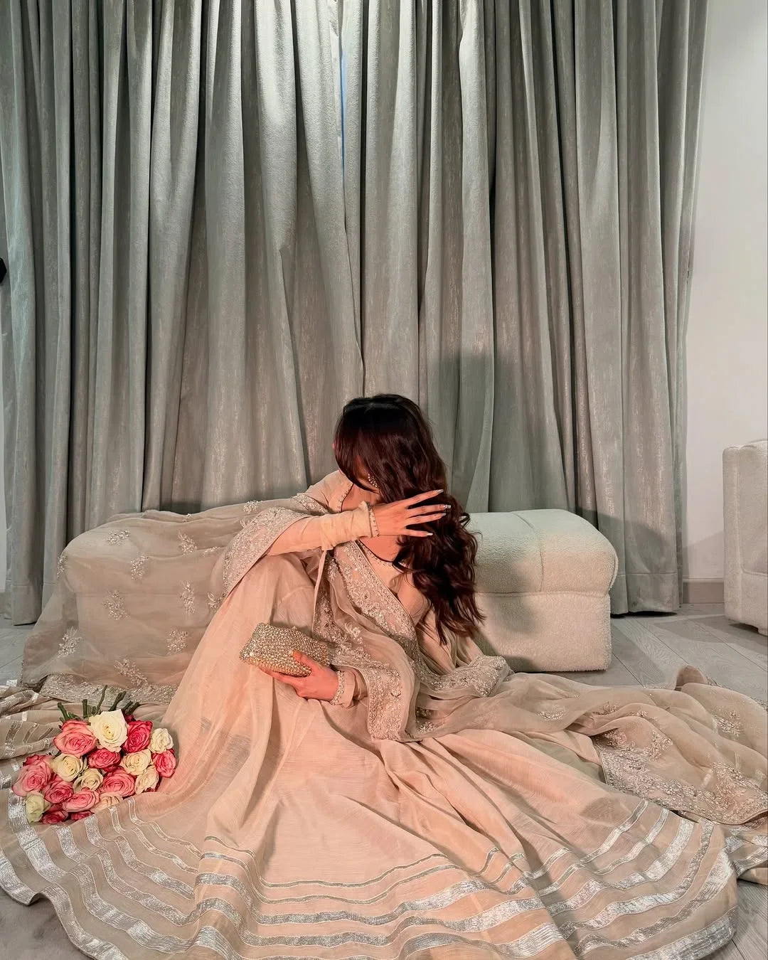 Champagne Glow Net Anarkali Ensemble