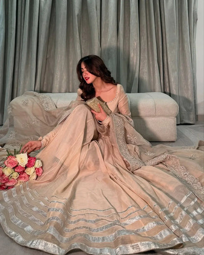 Champagne Glow Net Anarkali Ensemble