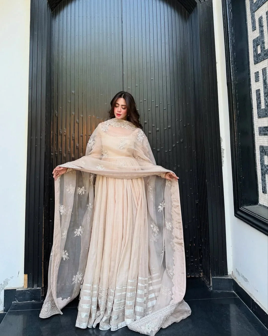 Champagne Glow Net Anarkali Ensemble