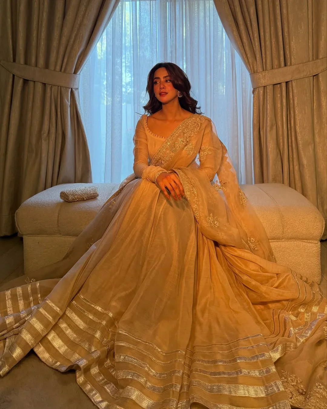 Champagne Glow Net Anarkali Ensemble