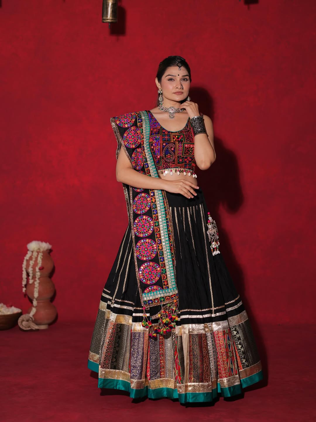 Regal Black Heritage Lehenga Set with Vibrant Mirror & Thread Work