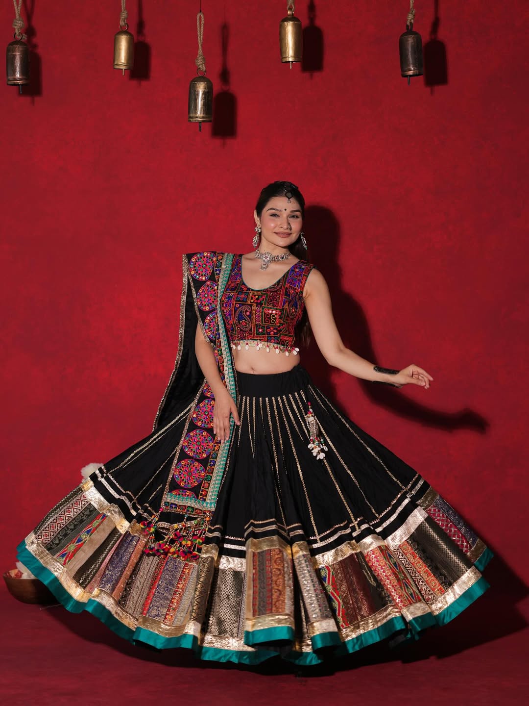 Regal Black Heritage Lehenga Set with Vibrant Mirror & Thread Work