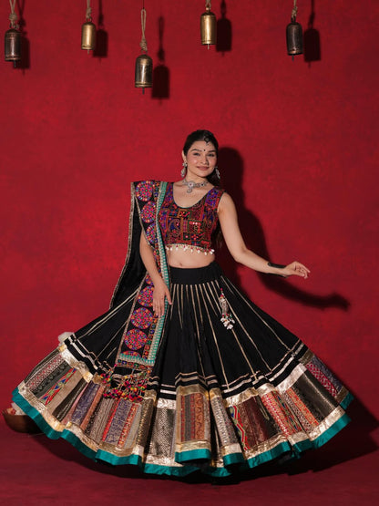 Regal Black Heritage Lehenga Set with Vibrant Mirror & Thread Work