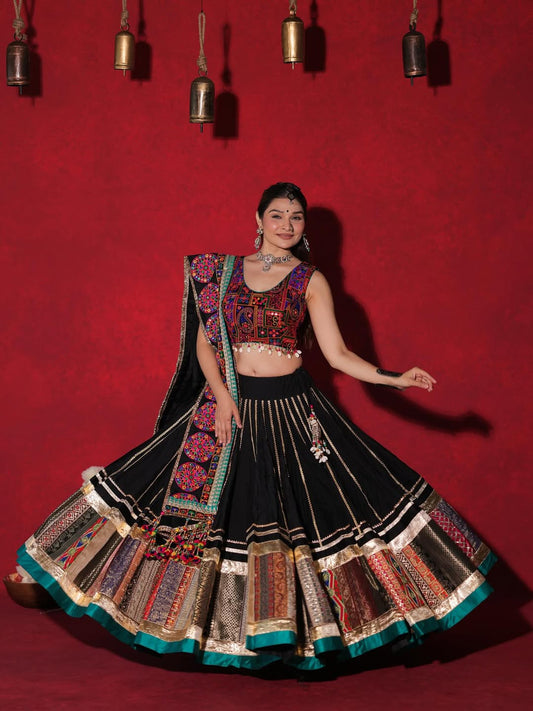 Regal Black Heritage Lehenga Set with Vibrant Mirror & Thread Work