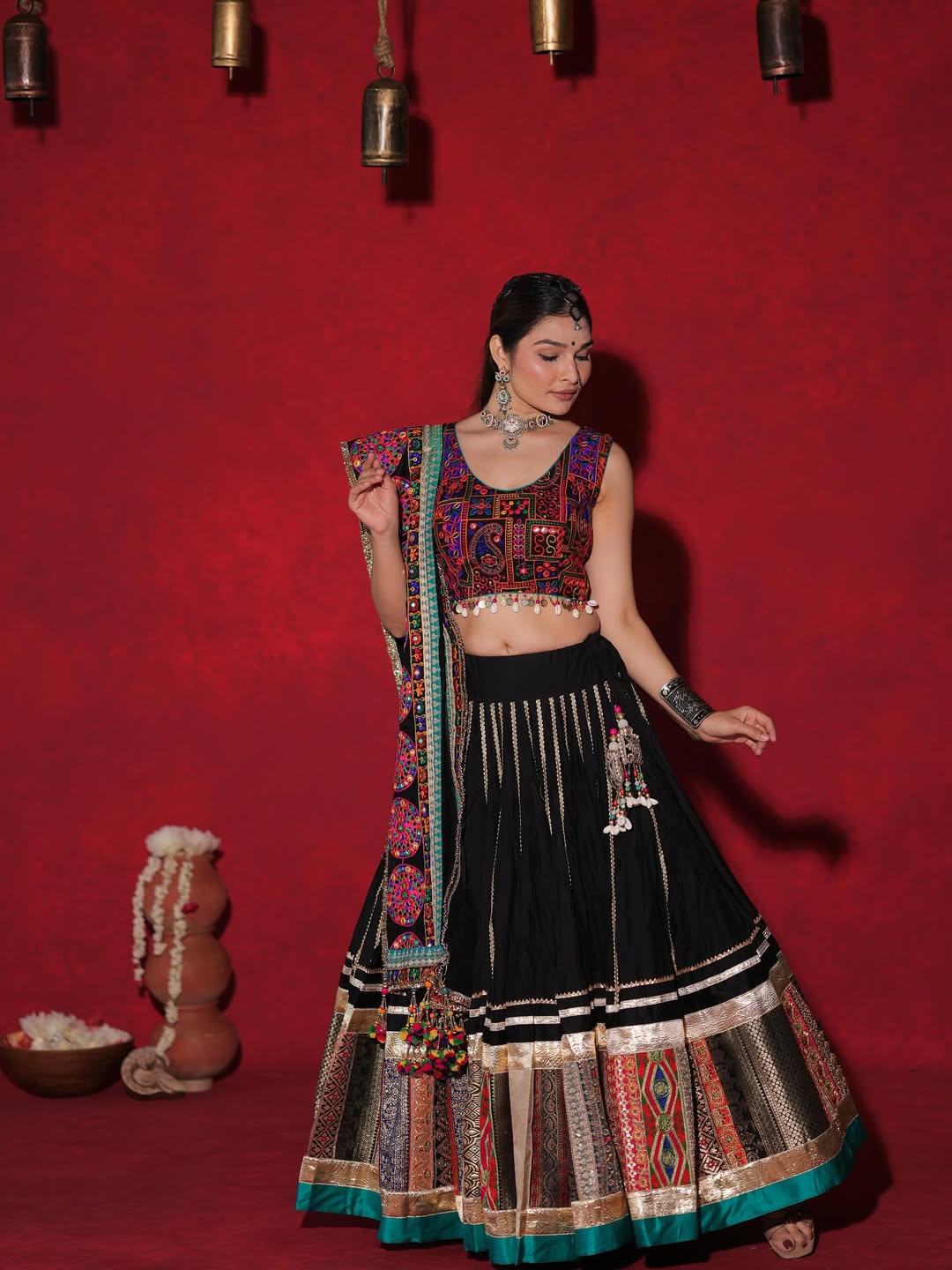 Regal Black Heritage Lehenga Set with Vibrant Mirror & Thread Work