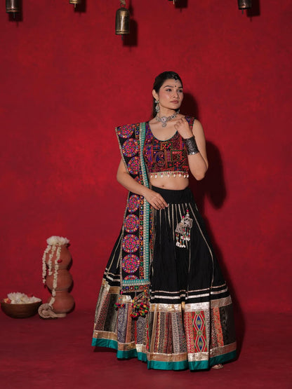 Regal Black Heritage Lehenga Set with Vibrant Mirror & Thread Work