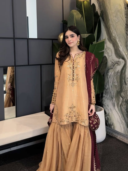Aarzoo Mustard Gold Sharara Set with Maroon Embroidered Dupatta