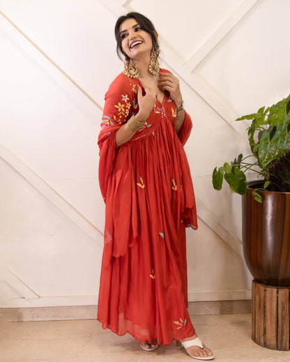 Gulzaar Rust: Hand-Embroidered Kaftan Kurta Set