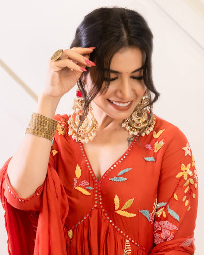 Gulzaar Rust: Hand-Embroidered Kaftan Kurta Set