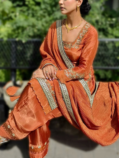 Rust Silk Blend Patiala Suit with Zari & Mirror Work Detailing