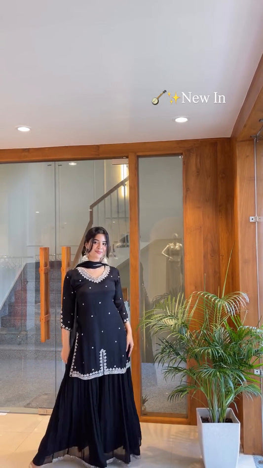 Noir Grace Midnight Elegance – Black Georgette Kurti Set