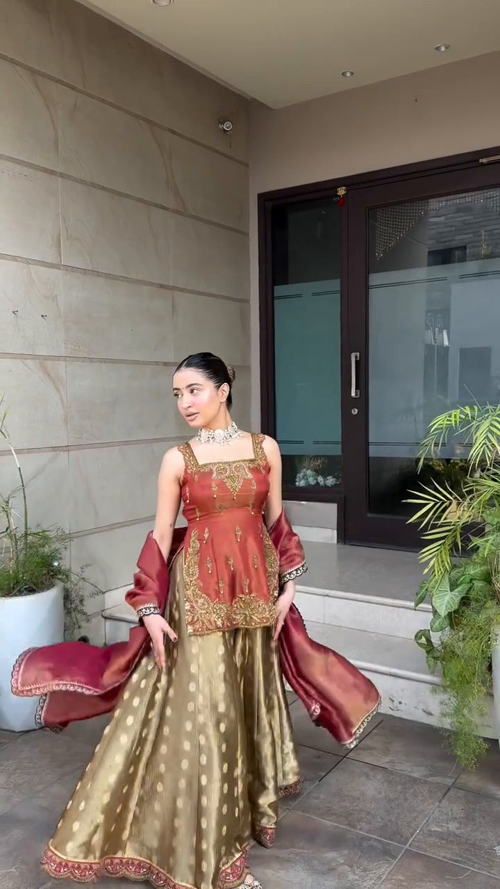 Inaaya Rust Red with Golden Banarasi Sharara suit
