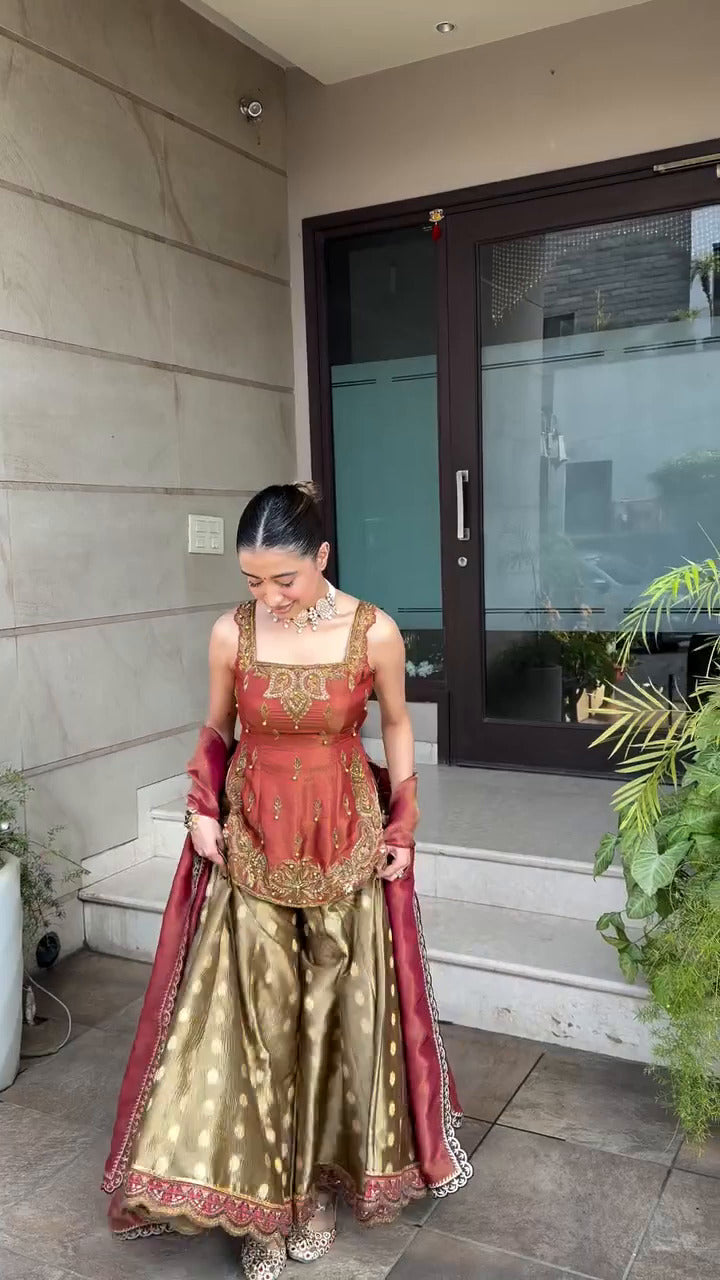 Inaaya Rust Red with Golden Banarasi Sharara suit