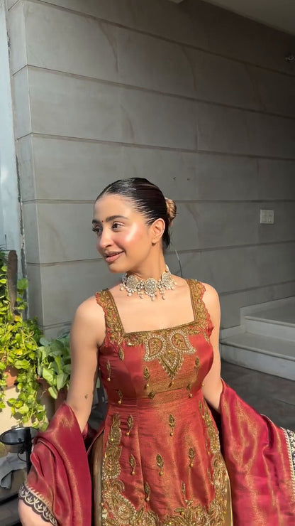 Inaaya Rust Red with Golden Banarasi Sharara suit