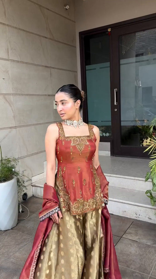 Inaaya Rust Red with Golden Banarasi Sharara suit