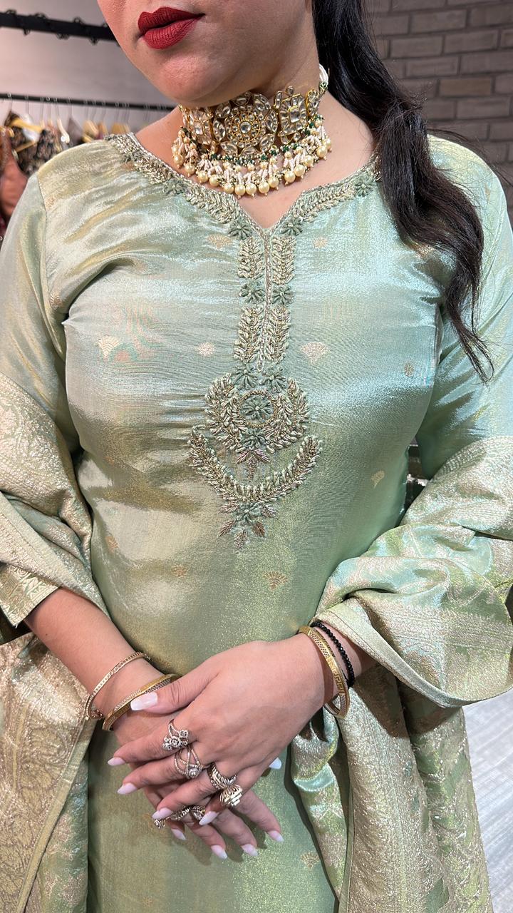 Kundan pista Brocade Dupatta suit