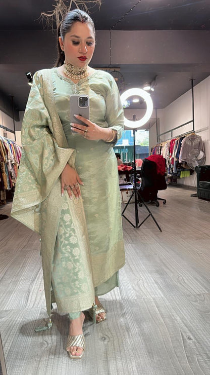 Kundan pista Brocade Dupatta suit