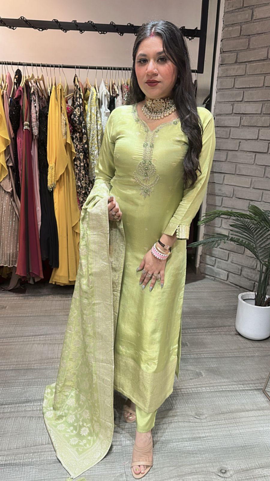 Kundan lime Green Heavy Dupatta suit