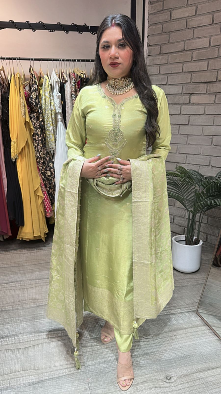 Kundan lime Green Heavy Dupatta suit