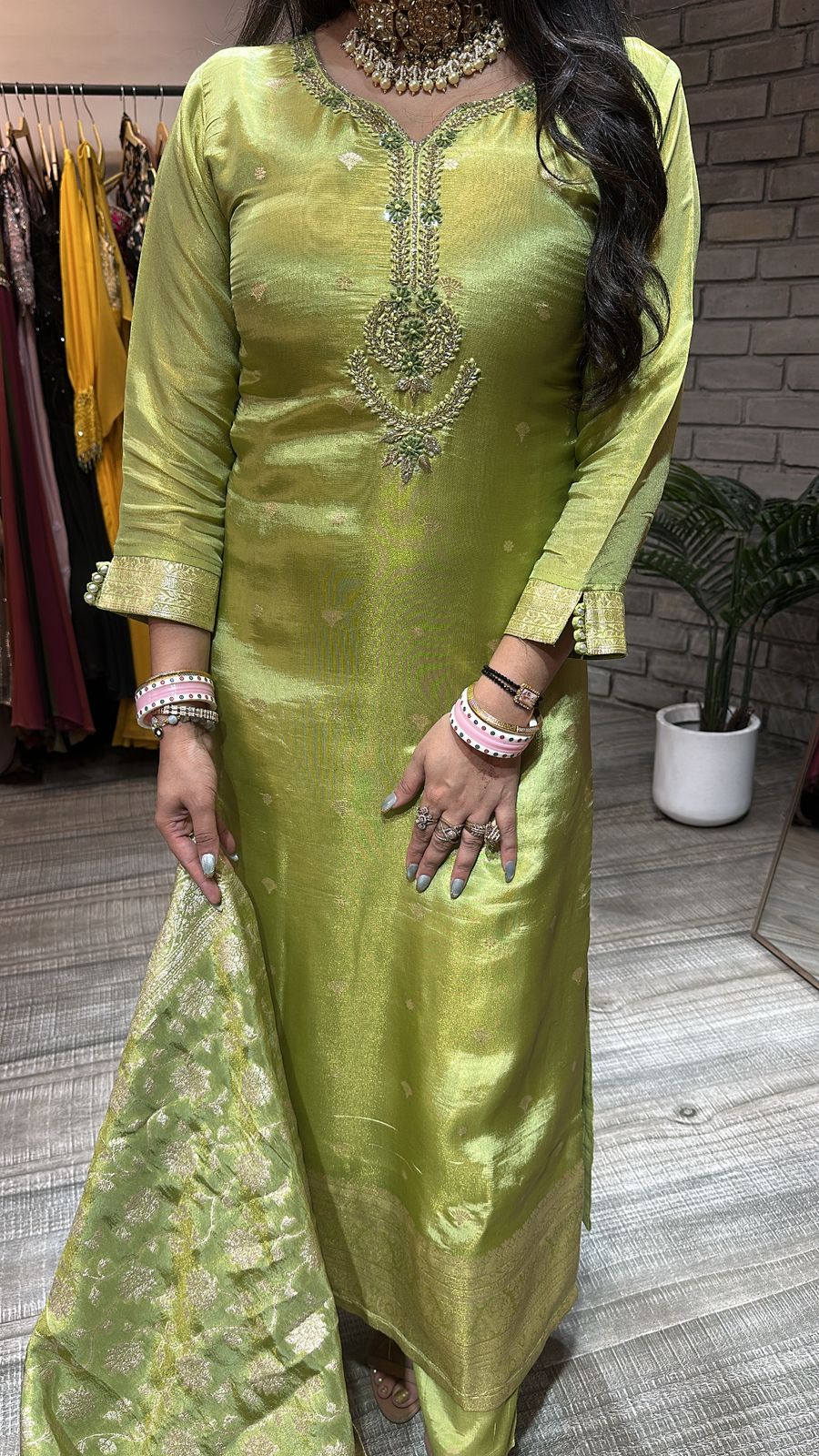 Kundan lime Green Heavy Dupatta suit