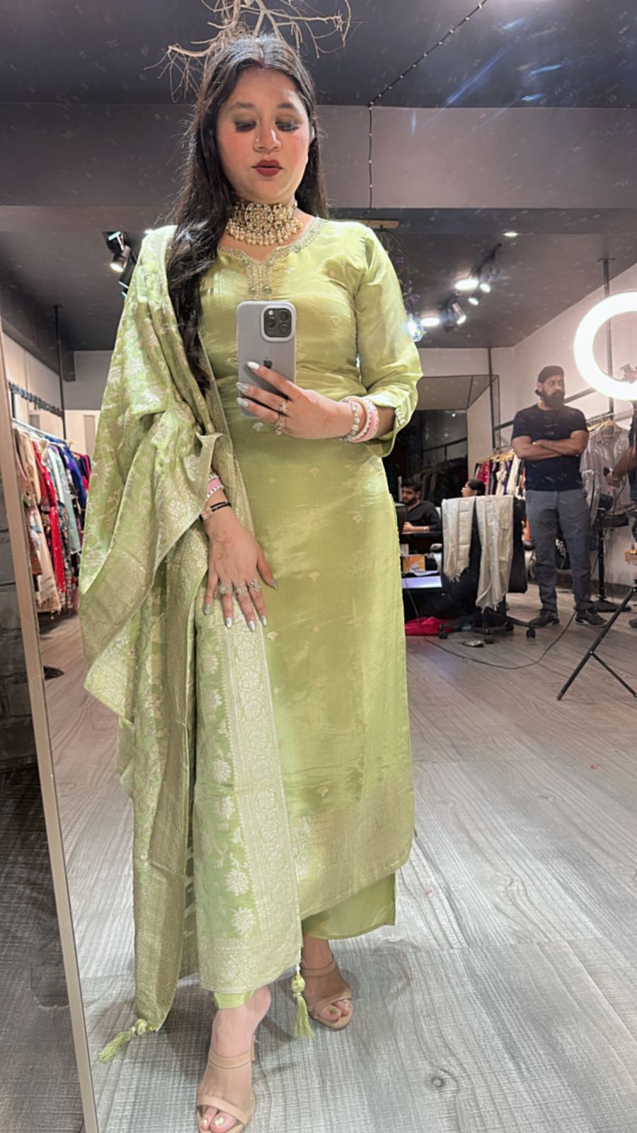 Kundan lime Green Heavy Dupatta suit