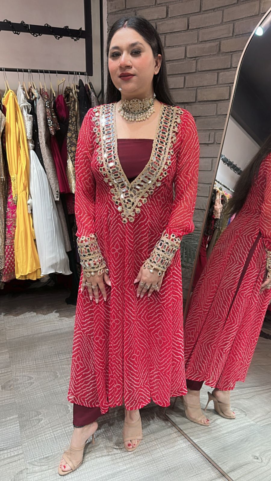 Dandiya Red leheriya 3pc Mirror Cordset