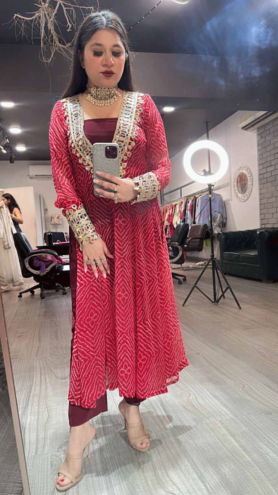 Dandiya Red leheriya 3pc Mirror Cordset