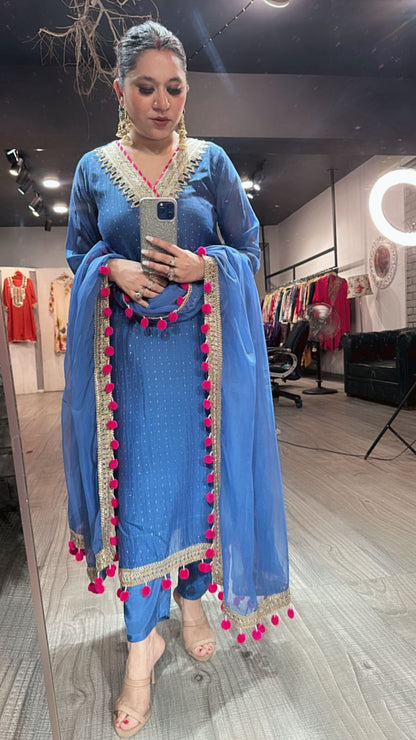 Chakri Blue Pom Pom  Designer suit