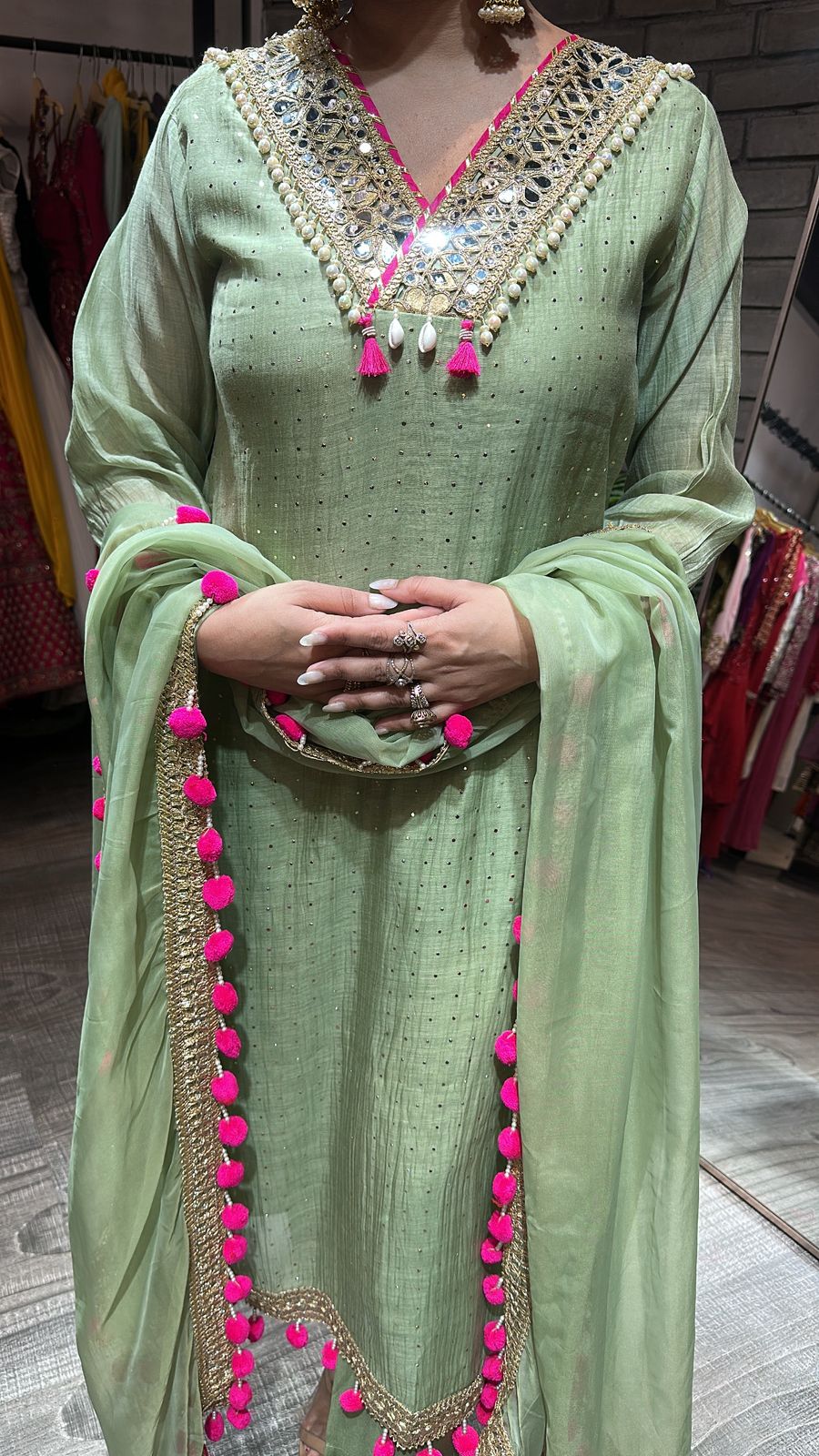 Chakri pista Pom Pom Designer suit