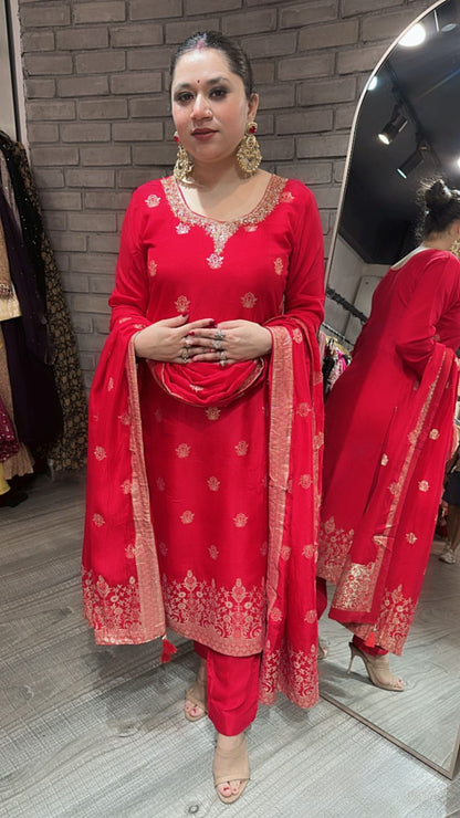 Saubhagyavati Red Dupatta Suit