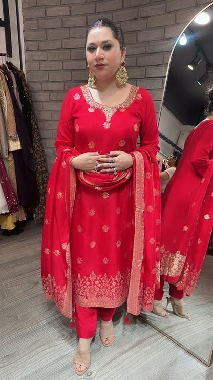 Saubhagyavati Red Dupatta Suit