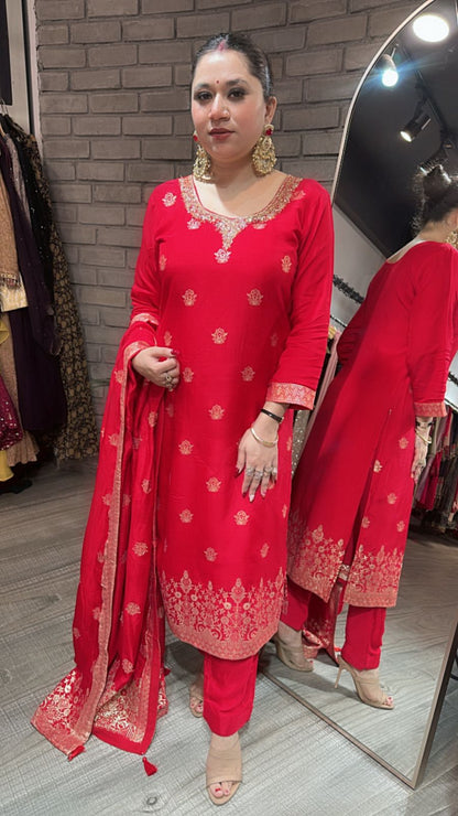 Saubhagyavati Red Dupatta Suit