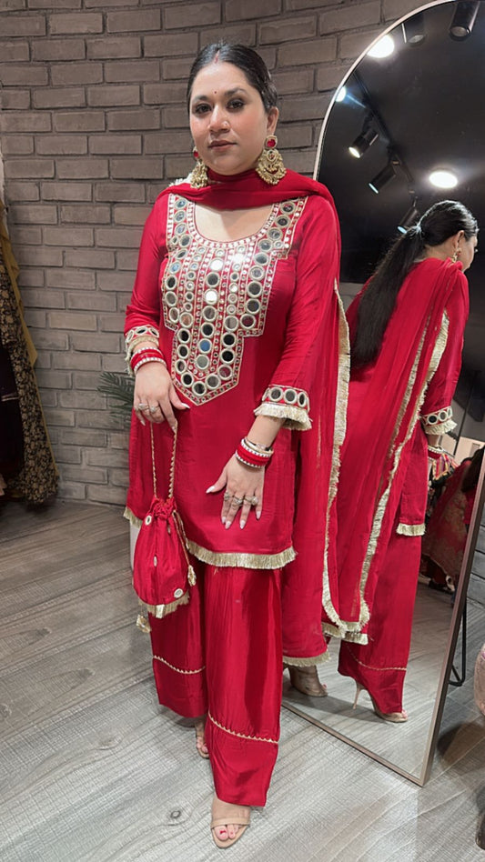 Sindhuri Red Mirror Farshi potli Suit