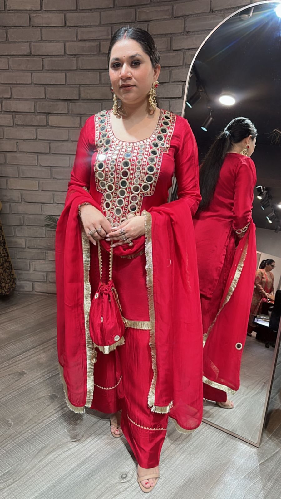 Sindhuri Red Mirror Farshi potli Suit