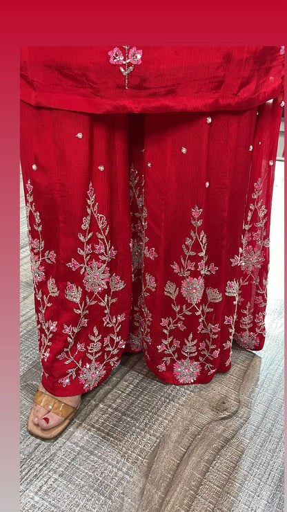 Nur Jahan Red embroidered plazzo Suit