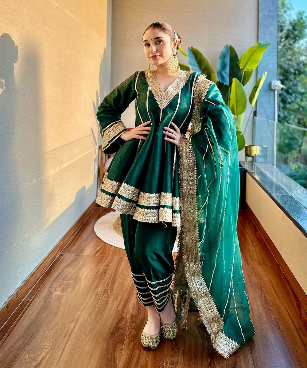 Raw silk enbrel green short Anarkali